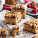 Freshly baked coffee cake topped with a golden oatmeal streusel, served on a rustic wooden table with a cup of steaming coffee and a sprig of mint, perfect for a celebration