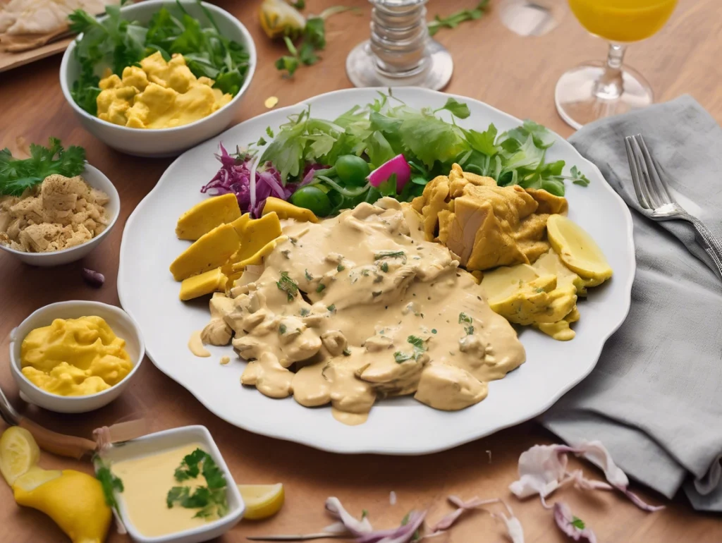 Plate of coronation chicken served with fresh lettuce and sliced cucumbers.