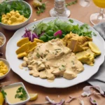 Plate of coronation chicken served with fresh lettuce and sliced cucumbers.